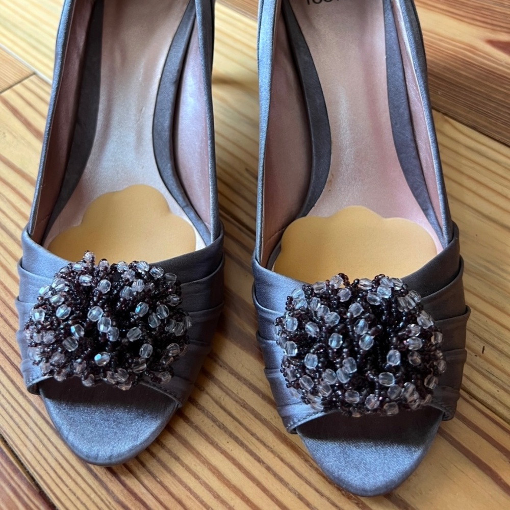 Plum Gray Satin Dress Shoe with Beaded Flower Detail